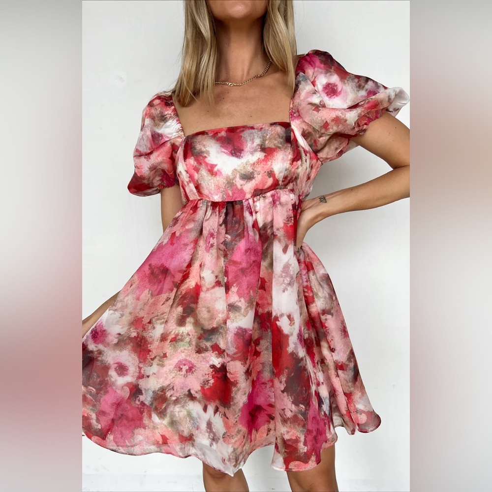 Vestique Candle Light Dinner Dress Size Medium Pink Puff Sleeves Mini Dress